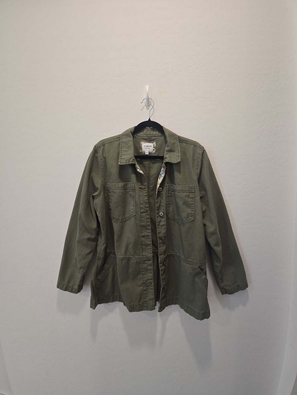 Curve Appeal Utility Jacket Size L Olive Green Floral Lining
